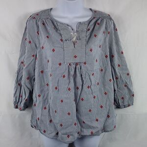 St John's Bay Women's Medium Blue White Striped Red Floral Blouse